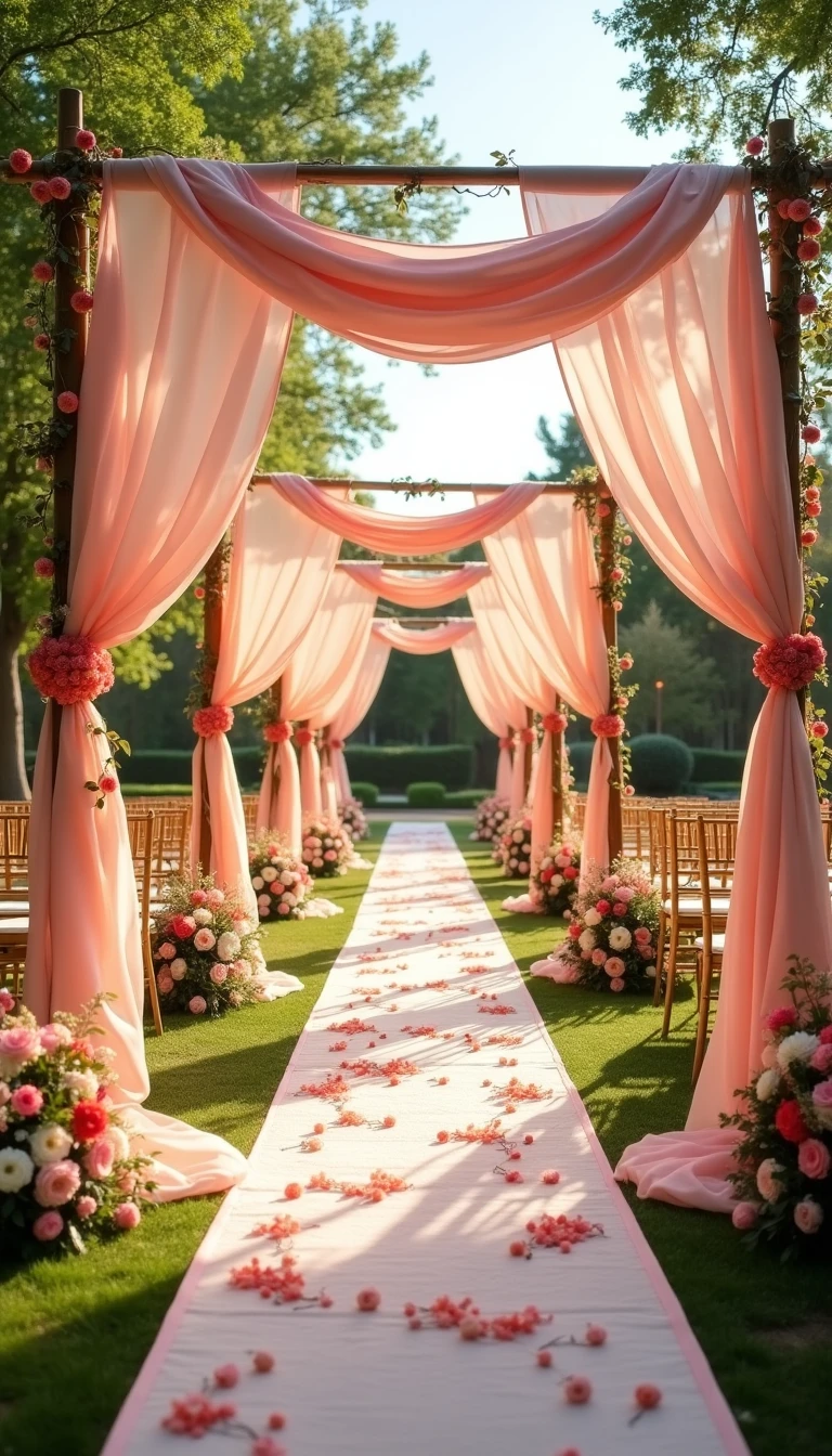 Whimsical Fabric Draping as Wedding Aisle Decorations Outdoor