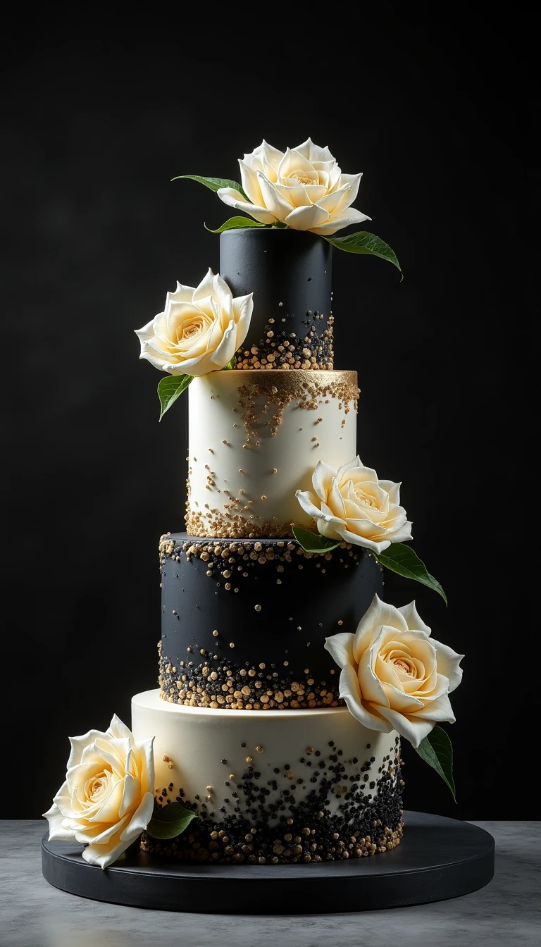 Extravagant Black and White Wedding Cake with Gold Accents